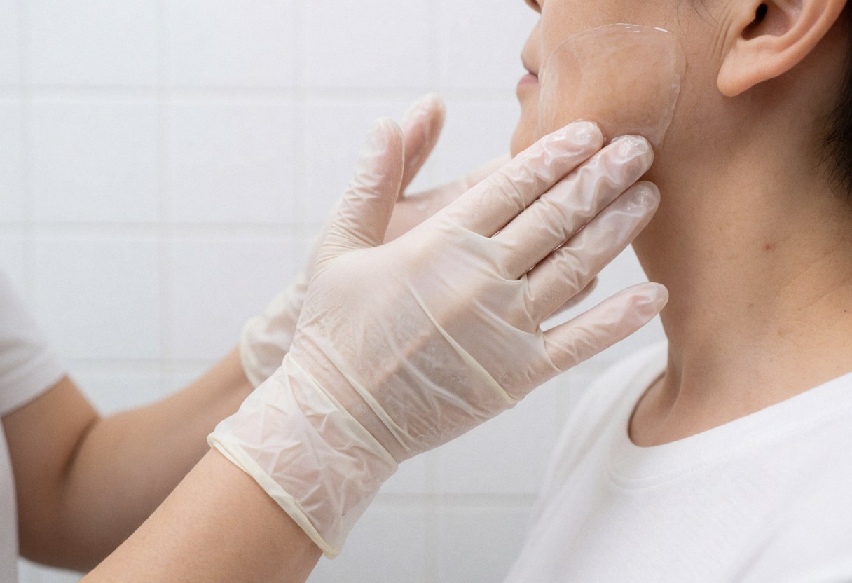 Une main portant un gant stérile applique du gel de traitement sur la zone du menton d'une cliente, devant un fond de carreaux blancs.