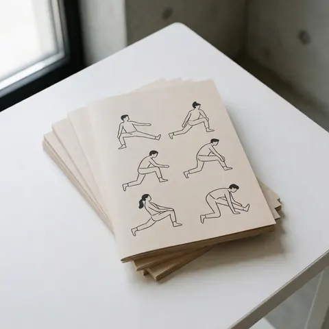 Dépliants sur le massage des tissus profonds avec dessins linéaires d'étirements posés sur une table blanche dans un environnement clinique éclairé par la lumière naturelle.