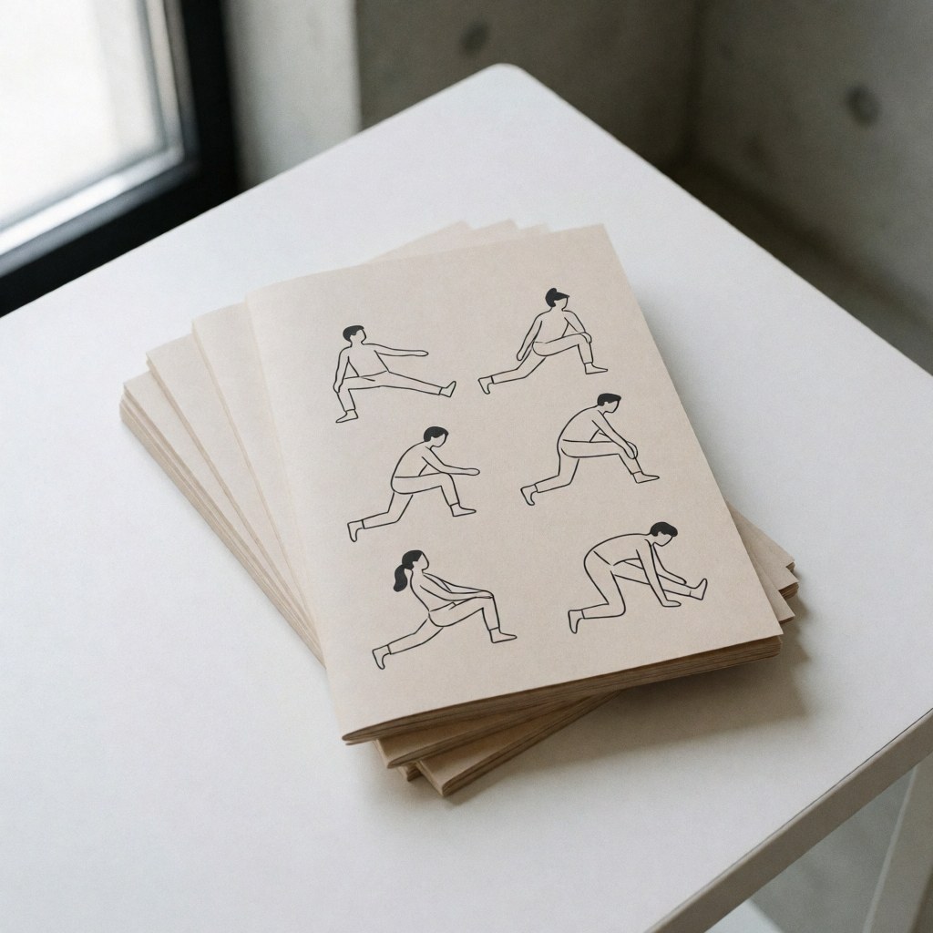 Dépliants sur le massage des tissus profonds avec dessins linéaires d'étirements posés sur une table blanche dans un environnement clinique éclairé par la lumière naturelle.