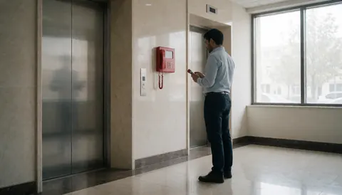 Un technicien en réparation d'ascenseurs inspecte un interphone rouge dans un hall vide au sol poli et à la fenêtre lumineuse.