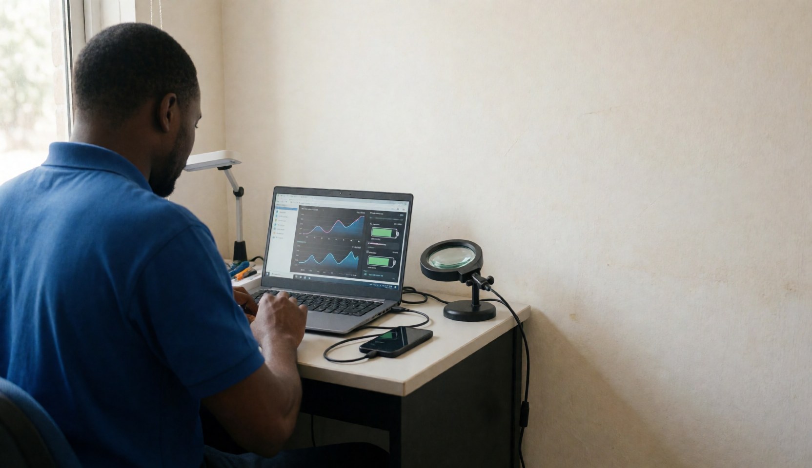 Technicien de réparation de téléphones travaillant à son bureau avec un ordinateur portable, un téléphone connecté, une loupe et des outils. Scène professionnelle et propre avec lumière naturelle.