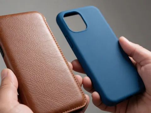 Deux coques de téléphone, l'une en cuir marron avec couture visible et l'autre en silicone bleu mat, tenues dans des mains, mettant en valeur les textures et finitions.