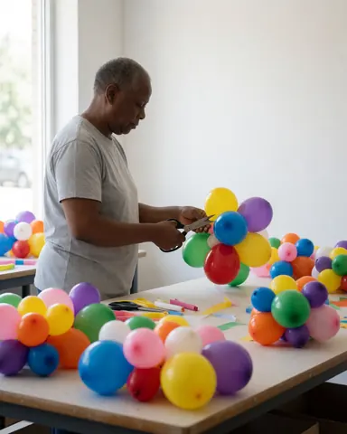 Un décorateur d'événements travaille à une table avec des ballons colorés et des ciseaux, éclairé par la lumière naturelle d'une fenêtre.