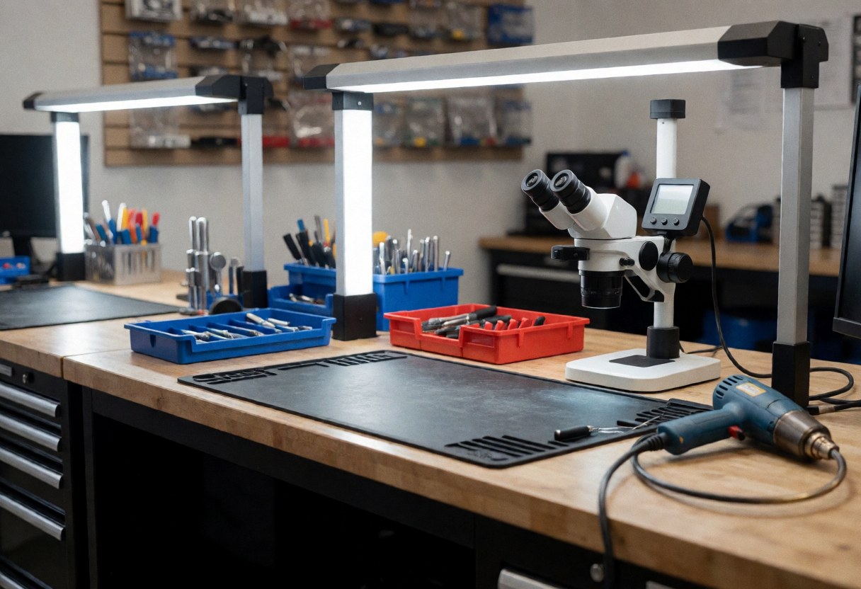 Espace de travail de réparation de téléphones équipé d'un microscope numérique, d'un chalumeau, d'outils rangés et d'un éclairage LED. Idéal pour les boutiques de réparation.