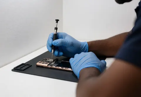 Un technicien portant des gants bleus répare un smartphone sur une table blanche en utilisant un tournevis, dans un environnement de travail propre et lumineux.