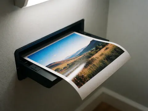 Petite photocopieuse produisant une image de montagnes et rivière sur papier brillant avec lumière focalisée.