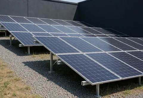 Installation de panneaux solaires photovoltaïques sur un sol en gravier avec des murs sombres, éclairée par la lumière directe du soleil, adaptée aux entreprises de réparation solaire.