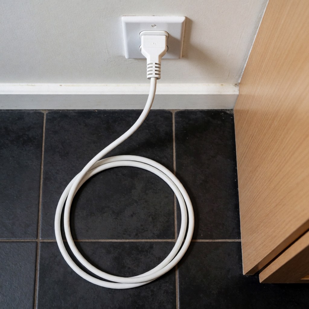 Vue de dessus d'un câble électrique blanc connecté à une prise murale, posé sur un sol carrelé sombre près d'un meuble en bois.