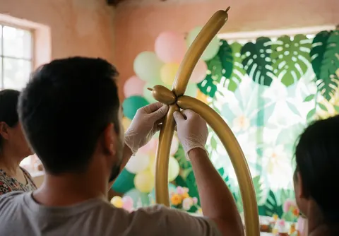 Un décorateur portant des gants modèle un ballon en forme de feuille dorée lors d'une fête tropicale aux murs de terre cuite et rideaux végétaux.