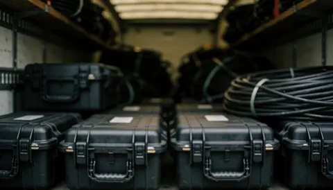 Intérieur d'un camion contenant des boîtiers noirs et des rouleaux de câbles, avec un fond flou adapté à l'ajout de texte, éclairage tamisé et professionnel.