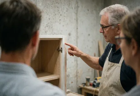 Un menuisier portant un tablier et des lunettes montre une partie d'un meuble restauré dans un atelier, expliquant les soins à des clients.