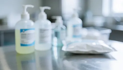 Fond médical avec bouteilles d'antiseptique et emballages stériles sur surface métallique, éclairage clair et professionnel pour textes.