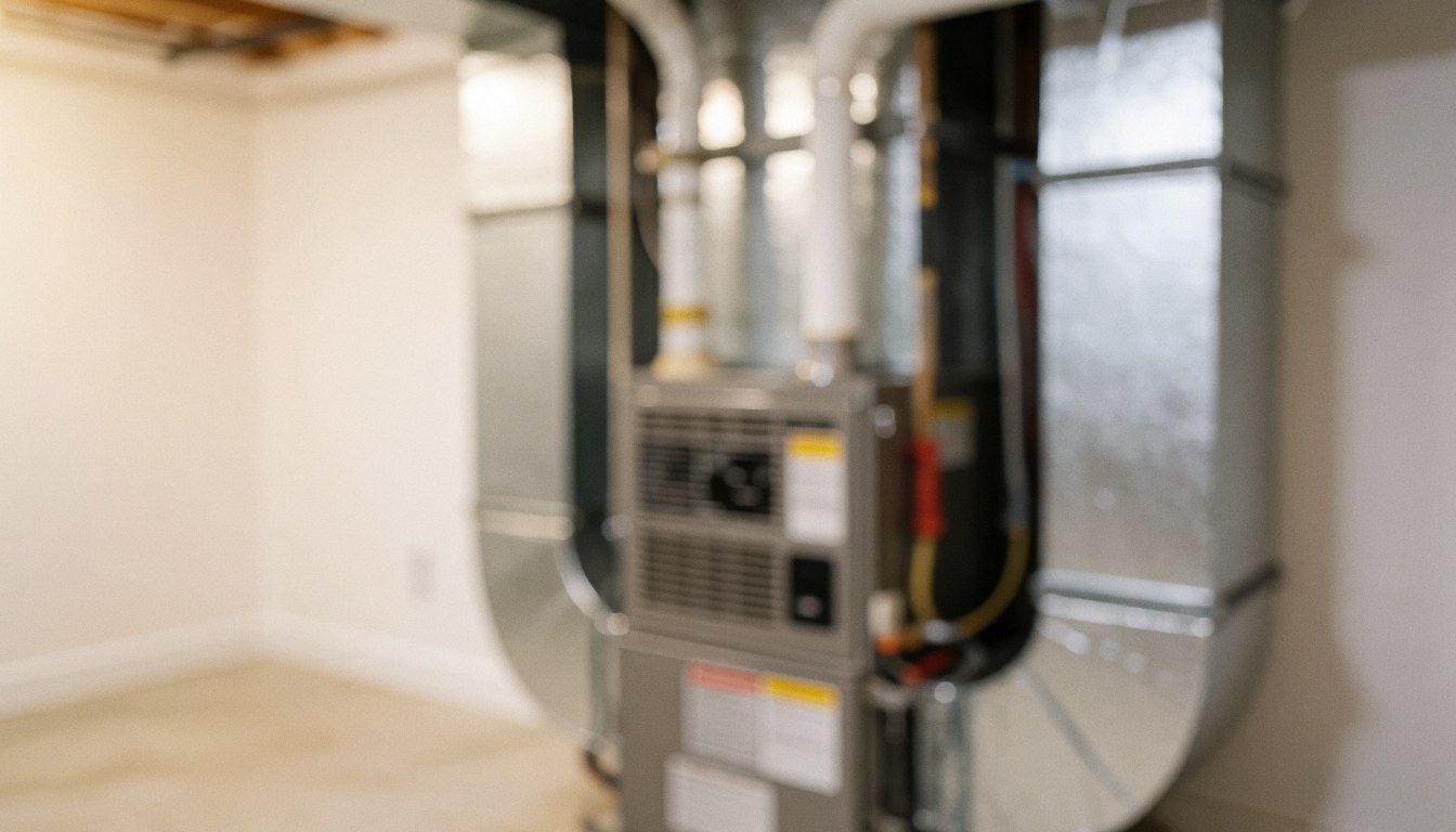 Sous-sol avec chaudière de chauffage récente, conduits et murs neutres, idéal pour textes publicitaires