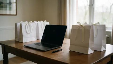 Vue d'une table en bois clair sur laquelle repose un ordinateur portable fermé, un stylo noir et plusieurs sacs blancs ornés de rubans, évoquant une ambiance calme et professionnelle.