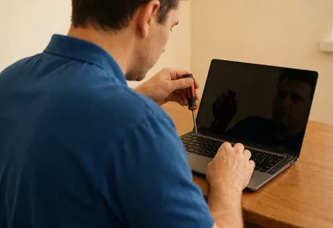 Un technicien répare un ordinateur portable ouvert sur une table en bois avec un tournevis dans un atelier éclairé.