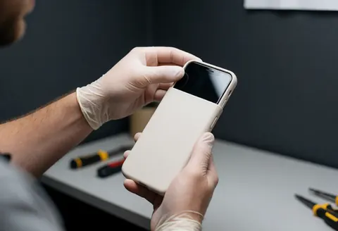 Un technicien portant des gants insère un smartphone dans une coque de protection blanche sur un fond de atelier avec outils et éclairage professionnel.