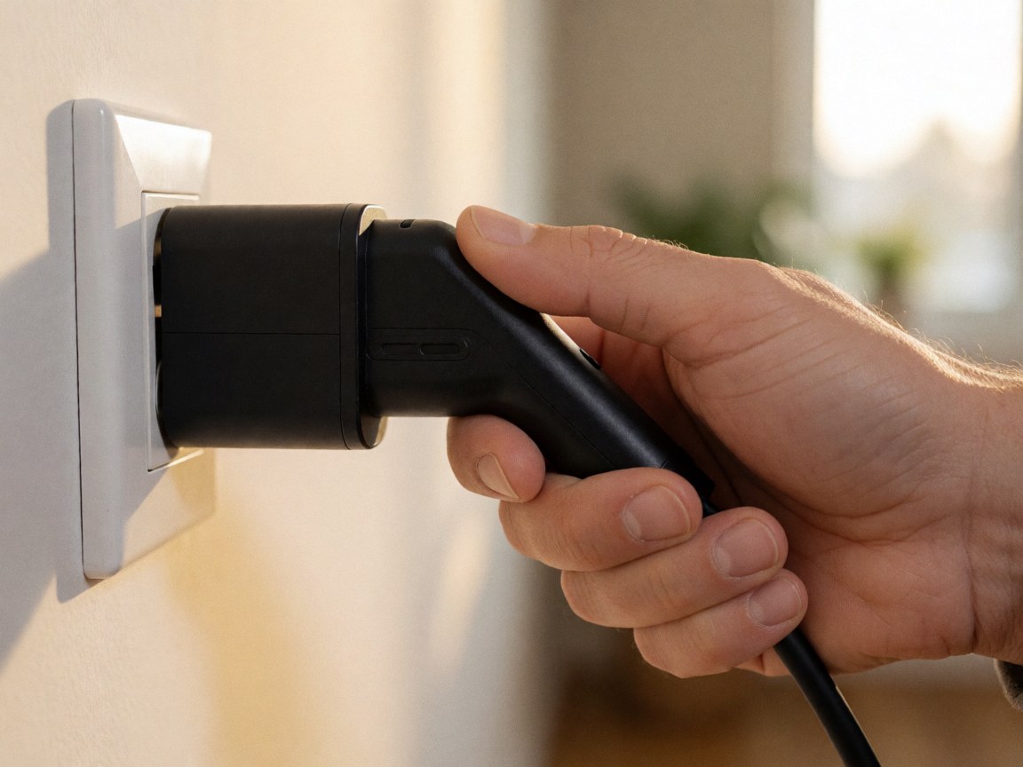 Une main adulte connecte un chargeur noir à une prise blanche, éclairage chaleureux, scène réaliste pour la réparation de dispositifs électroniques.