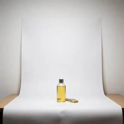 Flacon en verre transparent contenant une huile dorée brillant, accompagné d'un pinceau à poils naturels, posé sur un fond blanc épuré pour la présentation de produits cosmétiques.