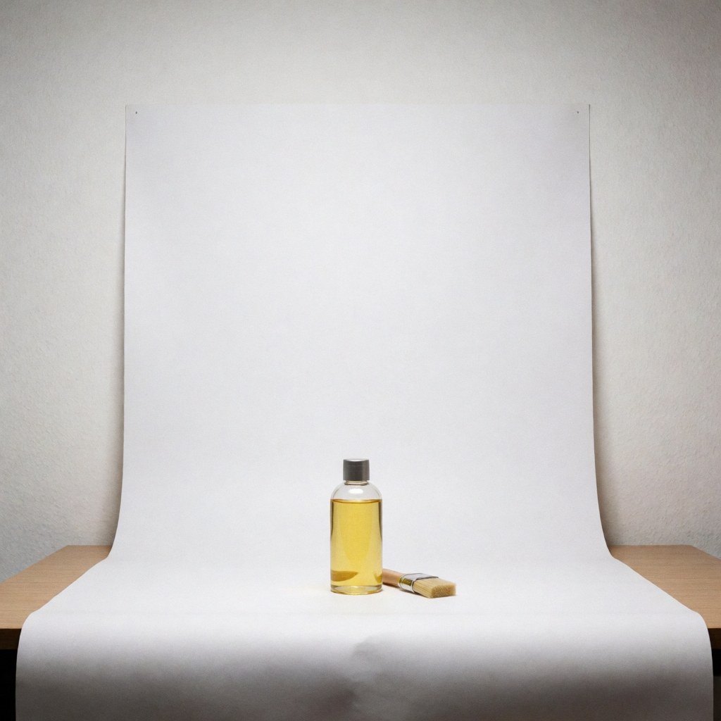 Flacon en verre transparent contenant une huile dorée brillant, accompagné d'un pinceau à poils naturels, posé sur un fond blanc épuré pour la présentation de produits cosmétiques.