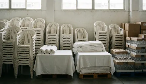 Entrepôt d'événements avec chaises blanches empilées, couvertures roulées et caisses de verrerie, éclairé par des fenêtres hautes, idéal pour fonds de texte.