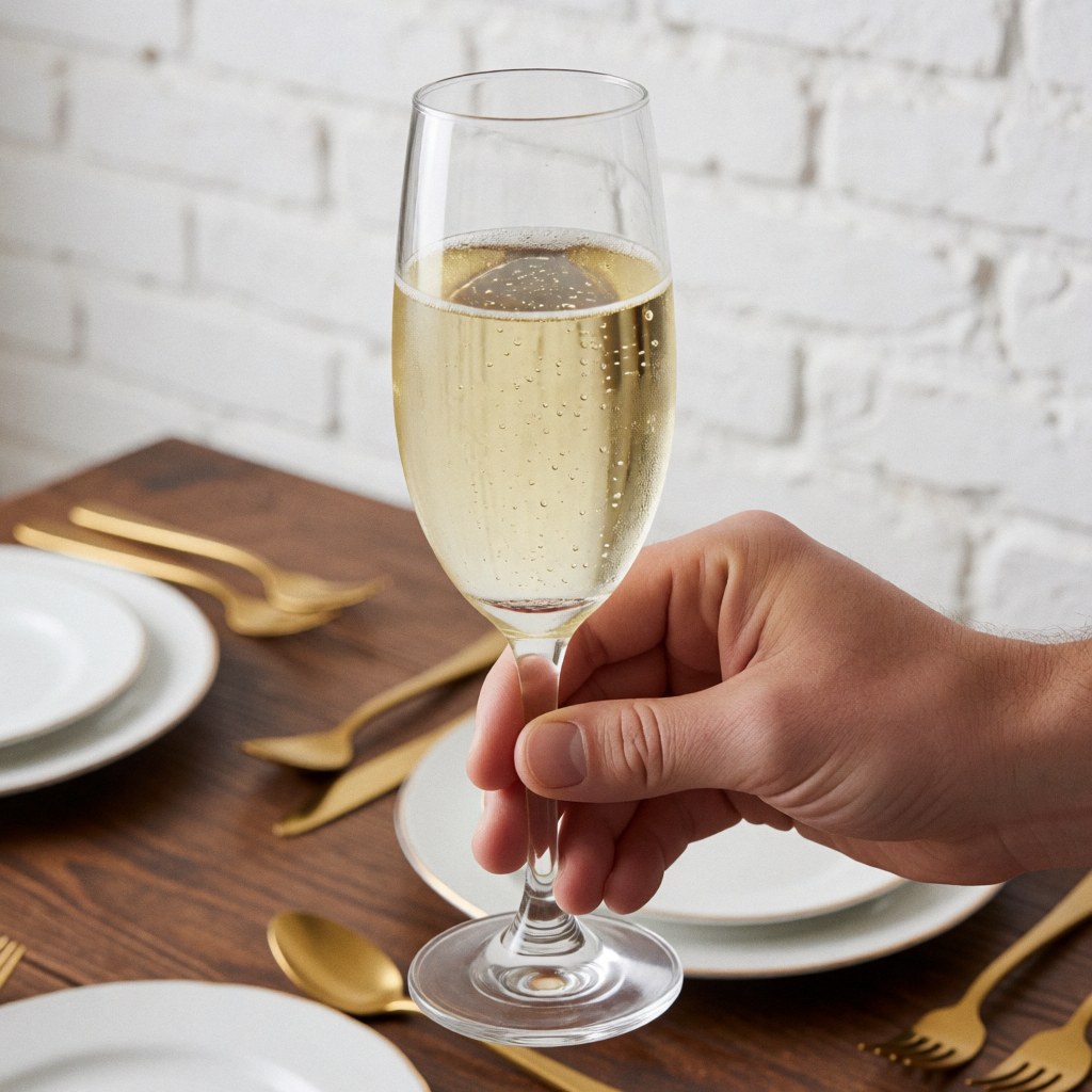 Une main tient une coupe de champagne pétillante posée sur une table dressée avec assiettes blanches et couverts dorés, devant un mur en briques blanches.