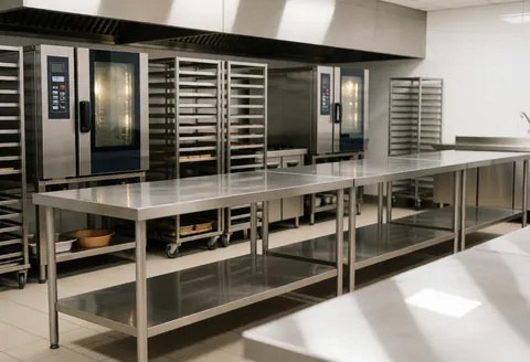 Cuisine professionnelle propre et ordonnée avec des tables en acier inoxydable, des fours industriels et des étagères pour plateaux, idéale pour la préparation de repas traiteur.