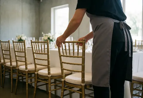 Un travailleur ajuste une chaise Chiavari dorée avec coussin crème sur une longue table de banquet, éclairée par la lumière naturelle et des murs en béton.
