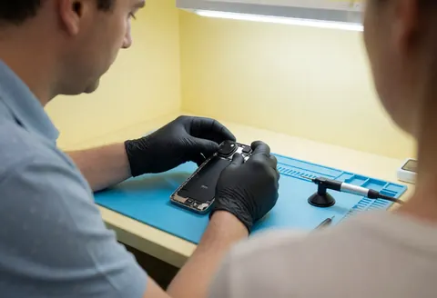 Un technicien portant des gants noirs fixe la caméra arrière d'un smartphone sur une table bleue, près d'une ventouse, dans un atelier de réparation.