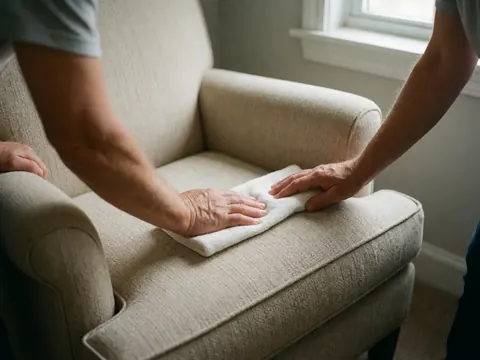 Des mains utilisant un chiffon blanc pour nettoyer l'assise d'un fauteuil beige. Lumière naturelle entrant par une fenêtre sur fond de mur gris clair, mettant en valeur la texture du tissu.