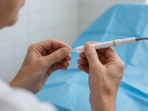 Des mains appliquent du gel anesthésiant sur la pointe d'un outil médical posé sur une serviette bleue stérile dans un cadre clinique.