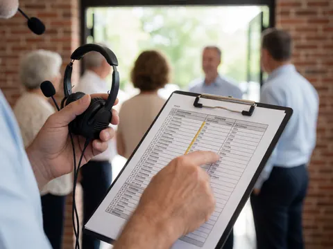 Gestionnaire d'événements tenant un casque et une liste de contrôle, concentré sur les détails du banquet avec des invités en arrière-plan flou.