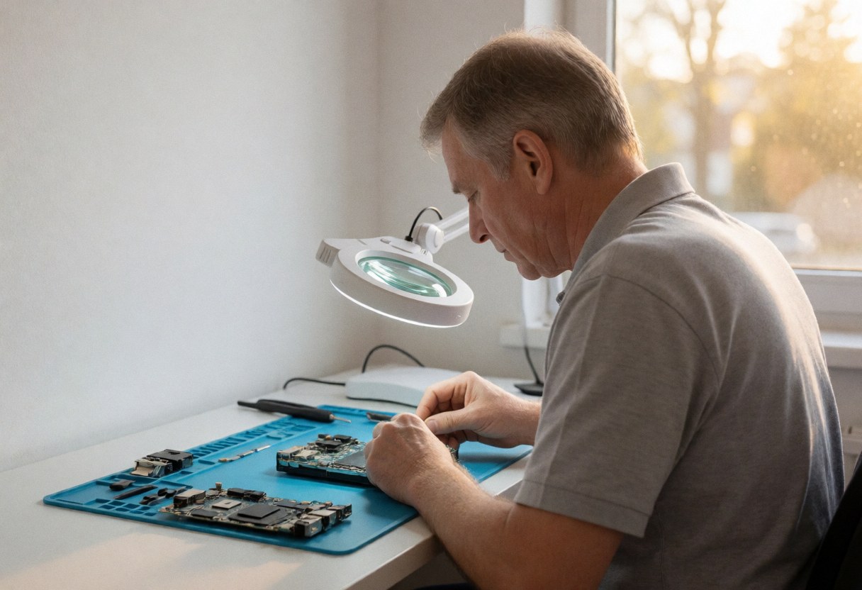 Technicien réparant une carte mère de téléphone portable sous loupe sur surface antistatique dans un atelier lumineux et propre.