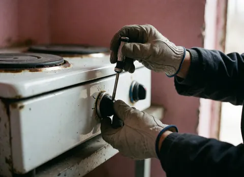 Mains portant des gants ajustant le contrôle d'un four rural avec un outil, sur un mur rose, en lumière naturelle, détail de réparation