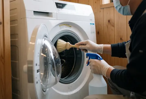 Un technicien en gants et masque nettoie l'intérieur du joint d'une machine à laver avec une brosse et un vaporisateur dans un environnement aux murs en bois.