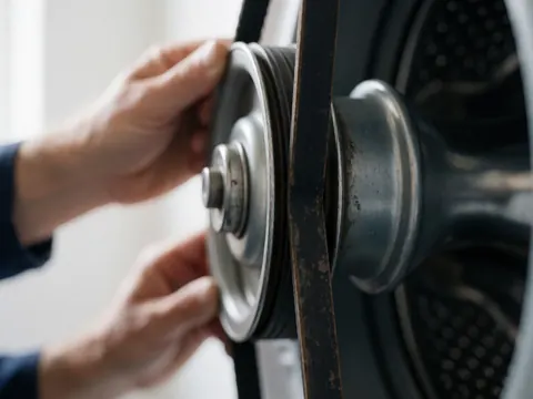Mains d'un technicien ajustant une courroie noire sur une poulie métallique usée à l'intérieur d'un lave-linge, sur un fond blanc flou.
