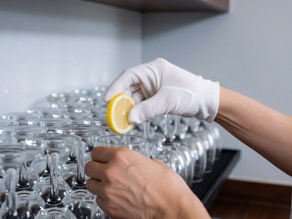 Une main portant un gant blanc dépose délicatement une tranche de citron fraîche sur le bord d'un verre. Plusieurs verres à vin sont alignés en arrière-plan sur un fond flou.