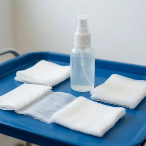 Kit de soins après piercing comprenant des compresses stériles et un spray en vaporisateur disposés sur un plateau bleu, adapté aux cliniques ou salles de soins.