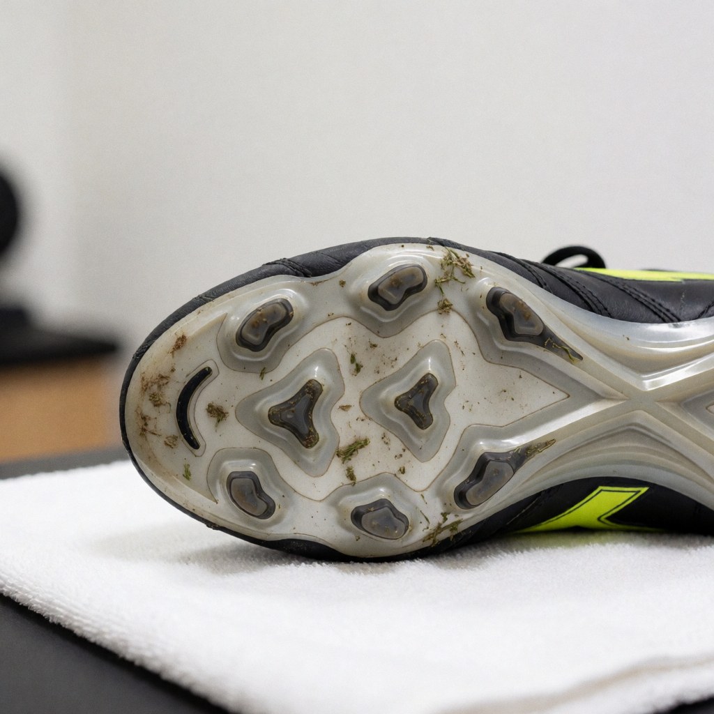 Une chaussure de sport souillée par la terre sur une serviette blanche propre, évoquant la récupération sportive, la fisiothérapie et les massages pour athlètes.
