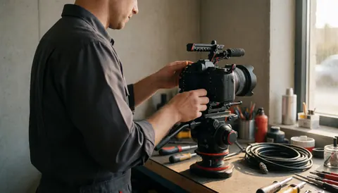 Un vidéaste professionnel ajuste son équipement de tournage dans un atelier baigné de lumière naturelle, entouré d'outils et de matériel technique.
