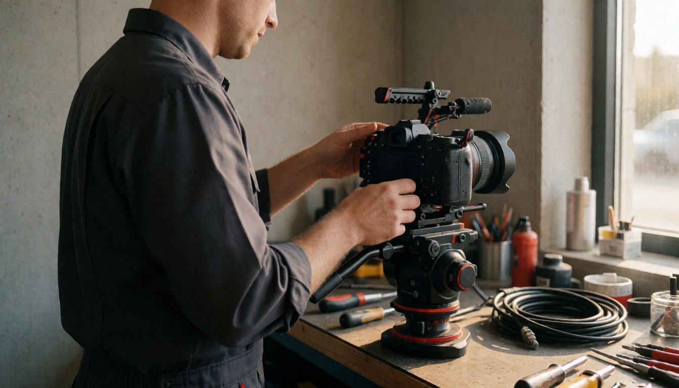Un vidéaste professionnel ajuste son équipement de tournage dans un atelier baigné de lumière naturelle, entouré d'outils et de matériel technique.