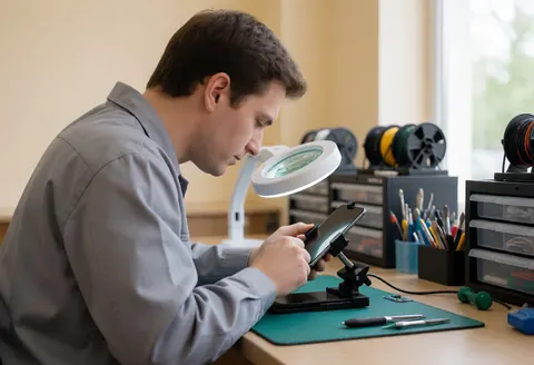 Un technicien examine attentivement l'écran d'un smartphone posé sur un support, dans un atelier équipé d'outils et de boîtes organisées, baigné de lumière naturelle.