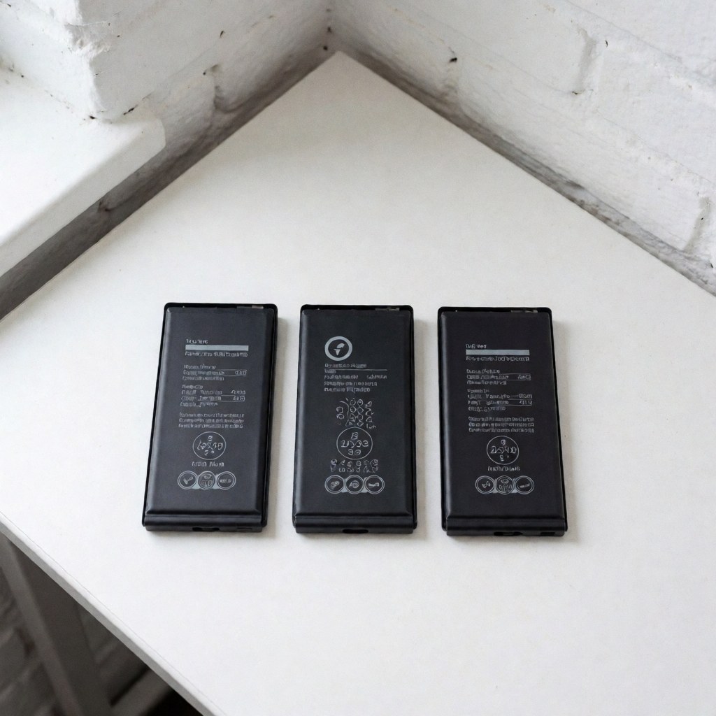 Trois batteries neuves pour smartphone, scellées avec étiquettes techniques, posées sur une table blanche devant un mur en briques peintes, éclairage naturel.