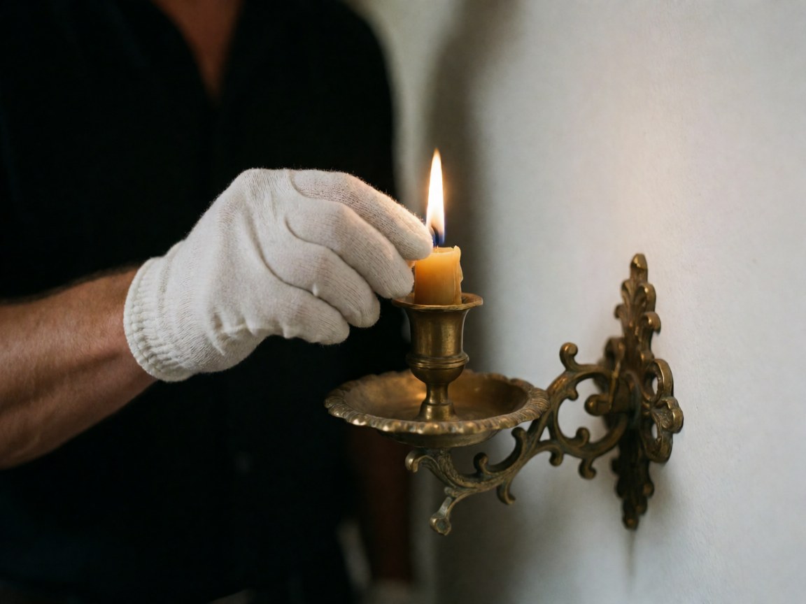 Une main portant un gant blanc ajuste la flamme d'une bougie de cire d'abeille posée dans un ancien chandelier en bronze, le tout sur fond sombre avec un mur blanc.