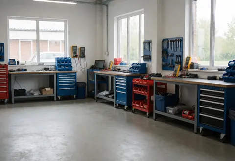 Intérieur d'un atelier de réparation d'appareils électroménagers montrant des établis, des outils organisés, des caisses et des fenêtres laissant entrer la lumière naturelle.