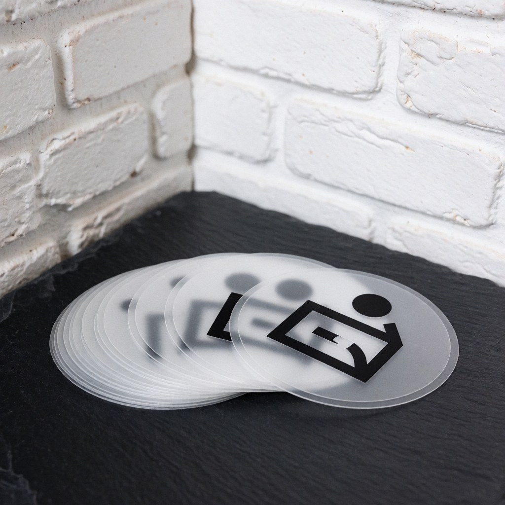 Des étiquettes rondes en vinile transparent à design minimaliste noir empilées en éventail sur une surface sombre, devant un mur de briques blanches.