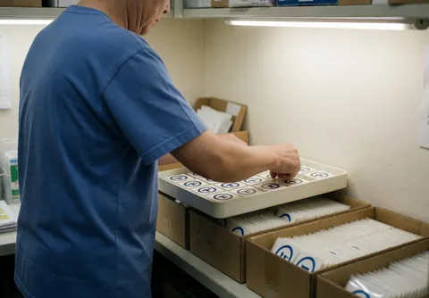 Un employé en uniforme bleu place des étiquettes sur des boîtes en carton dans un environnement de travail lumineux aux murs blancs, illustrant le processus d'emballage.