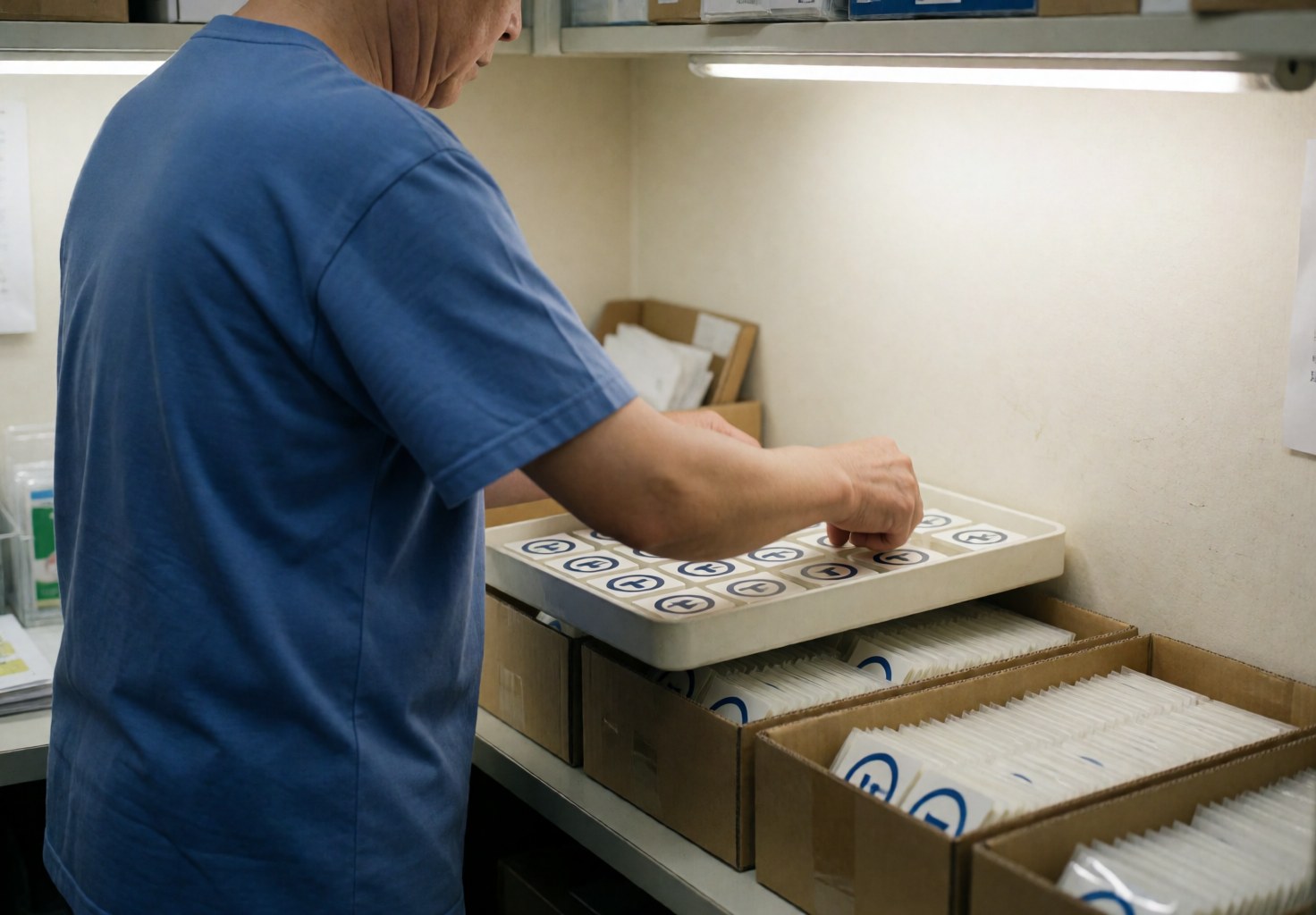 Un employé en uniforme bleu place des étiquettes sur des boîtes en carton dans un environnement de travail lumineux aux murs blancs, illustrant le processus d'emballage.