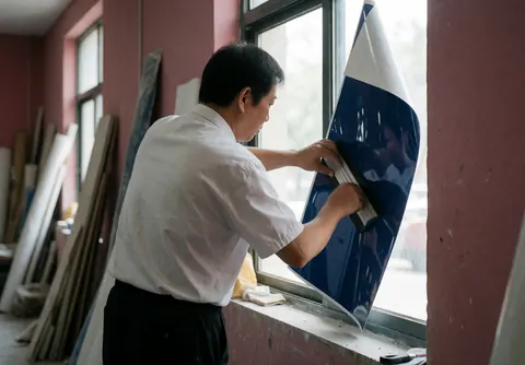 Un professionnel utilise une raclette pour poser un film adhésif bleu sur une fenêtre dans un atelier aux murs roses avec des outils en arrière-plan
