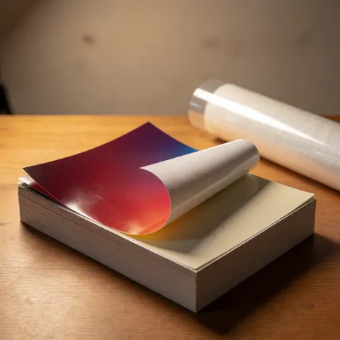 Pile de feuilles de vinyle imprimé dont une est partiellement décollée, révélant le film protecteur, posées sur une table en bois à la lumière chaude.