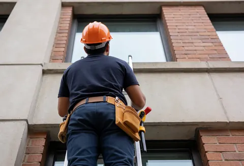 Un technicien équipé d'un casque et d'une ceinture à outils sur une échelle répare une fenêtre de verre dans un bâtiment commercial.